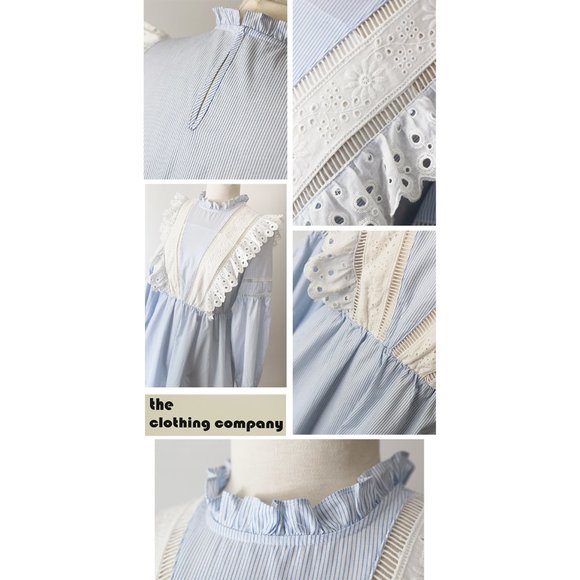 Blue Striped Cotton Eyelet Embroidery Ruffle Dress - Picture 6 of 8